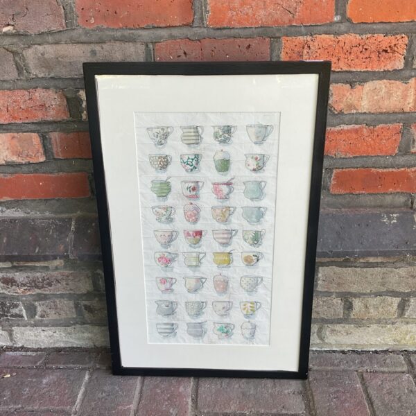 Colourful vintage style tea cup artwork print for kitchen decor.