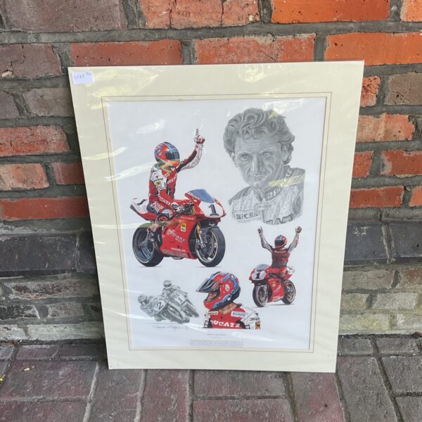 Vibrant Carl Fogarty Ducati print by Stuart McIntyre, motorsport art.