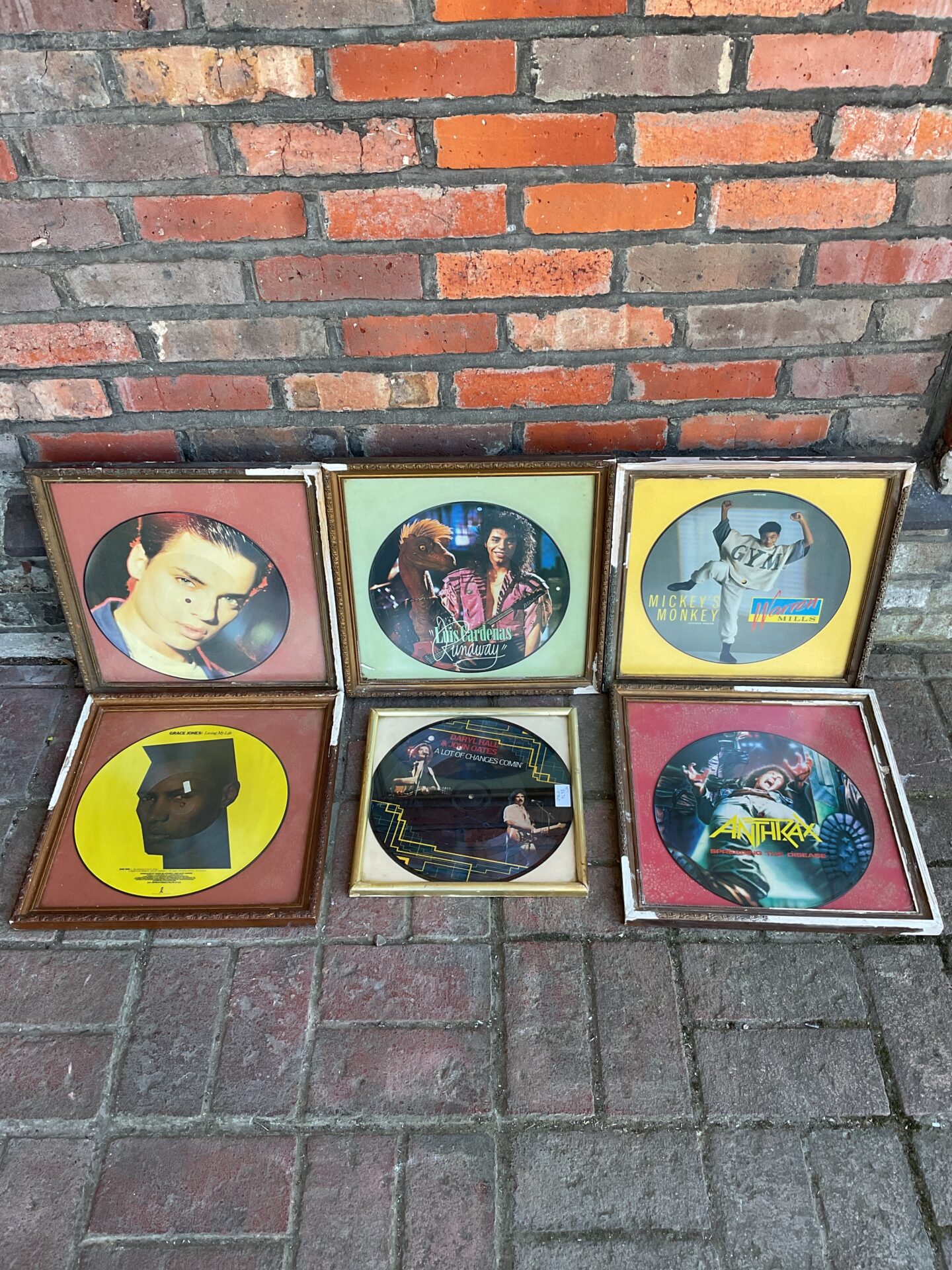 011 Collection of 6 framed picture disc vinyl records including grace jones & anthrax