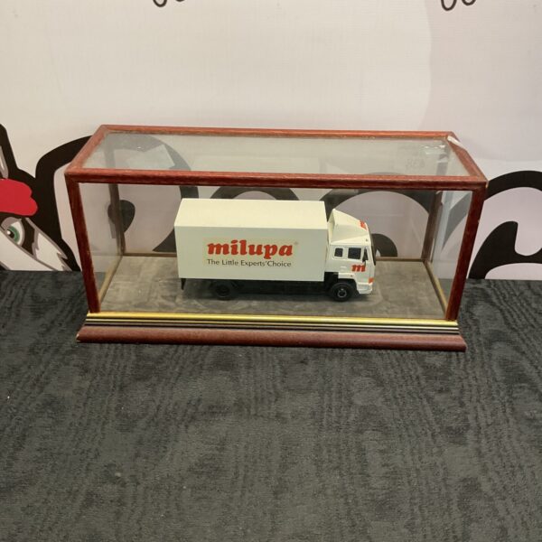 Vintage Leyland Milupa model truck in wooden display case.