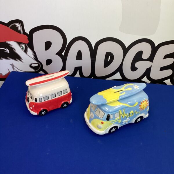 Vintage VW camper money box, colourful pottery van.