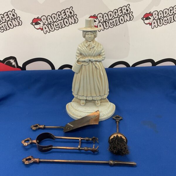 Vintage cast iron Welsh lady fireplace companion set with tools.