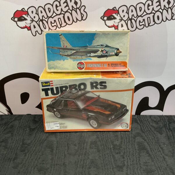 Vintage sealed Revell Turbo RS and Airfix Lightning F-1A model kits for collectors.