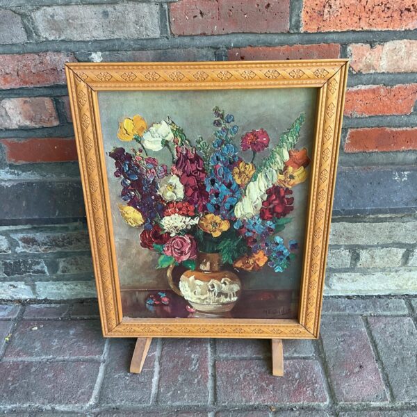 Vintage firescreen with a beautiful floral still life painting by M.E. Oddie.