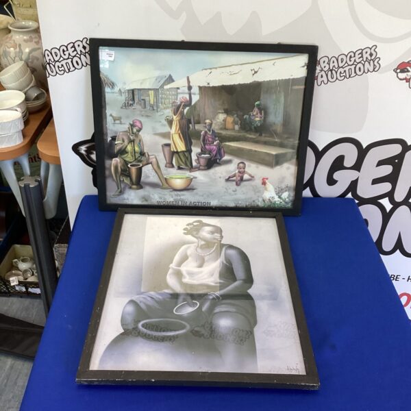 Vintage framed African women art depicting daily life scenes.