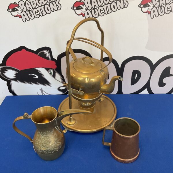 Vintage brass spirit kettle set with copper tankard and jug.