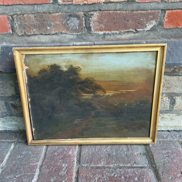 Antique oil painting landscape by E Rainey, serene country scene.