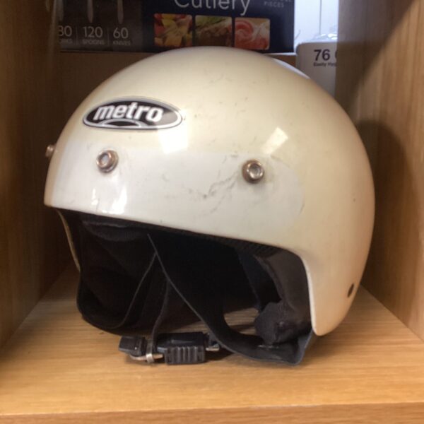 Vintage Metro motorcycle helmet, classic 1970s design.