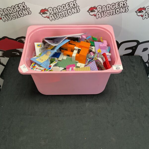 Box of mixed Lego bricks including Lego Friends pieces.