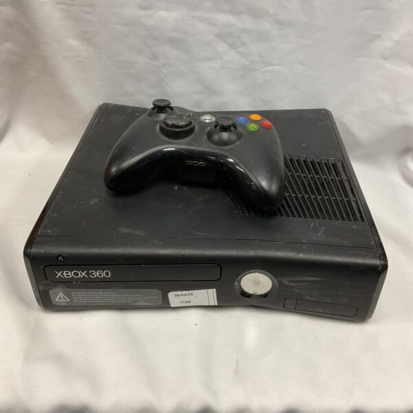 Black Xbox 360 console with controller for retro gaming.