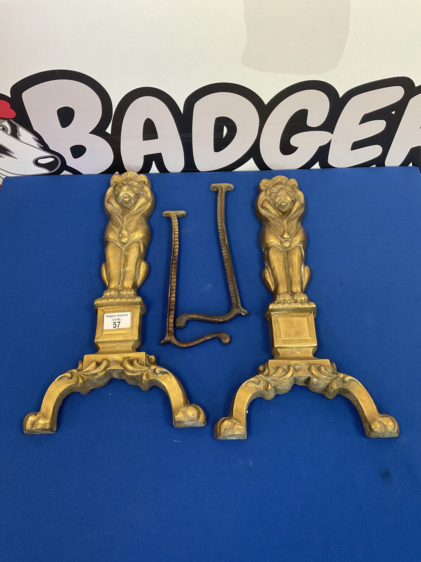 057 Pair of heavy cast brass lion fireplace fire dogs