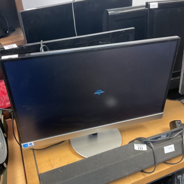 AOC 24 inch LCD computer monitor, black screen, desktop setup.