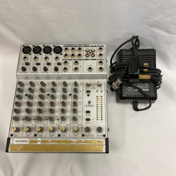 Behringer Eurorack MX802A mixer, front view of audio mixing console.