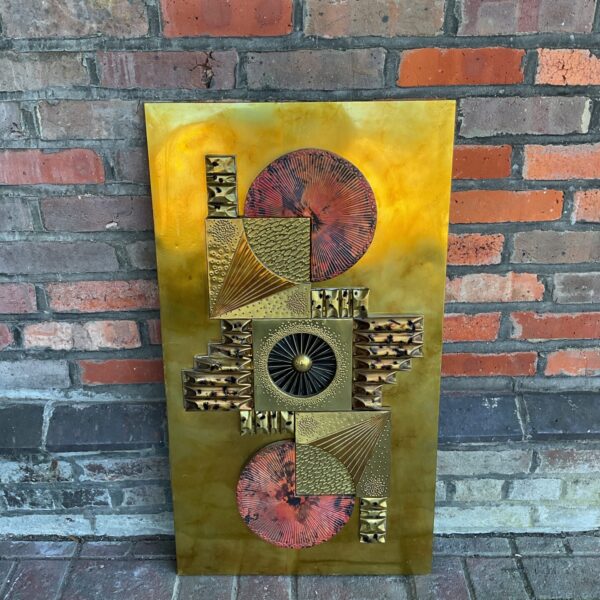 Abstract Brutalist wall sculpture in metal and brass.