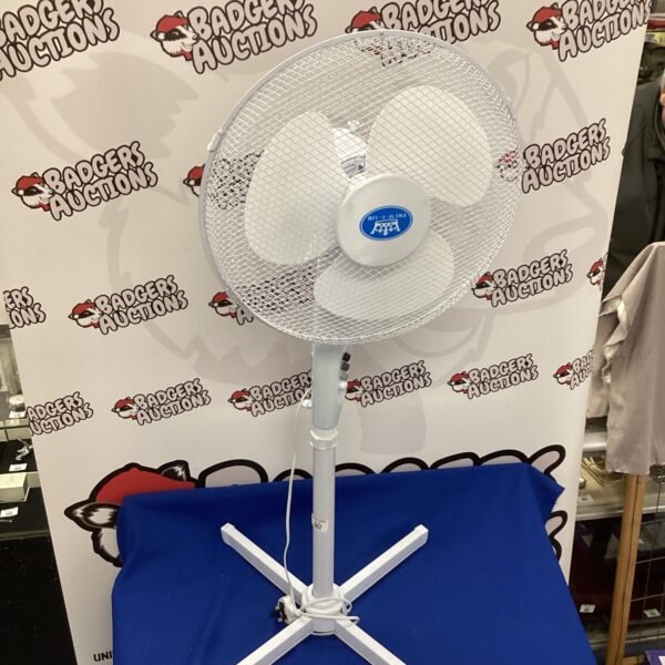 White vintage pedestal cooling fan with adjustable height.