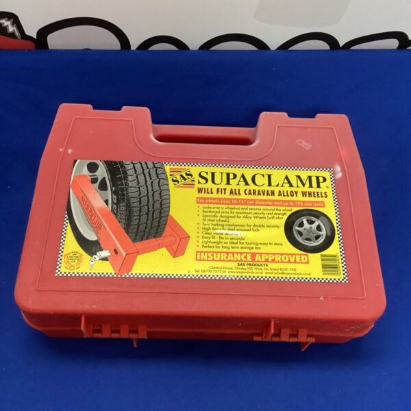 Yellow SAS Superclamp wheel clamp for caravan security.