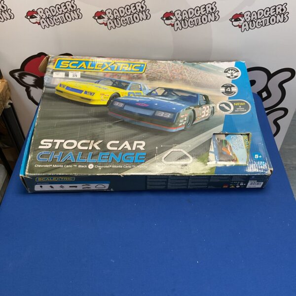 Scalextric Stock Car Challenge box front view, vintage toy race track.