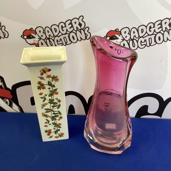 Pair of vintage Portmeirion and glass vases with floral designs.