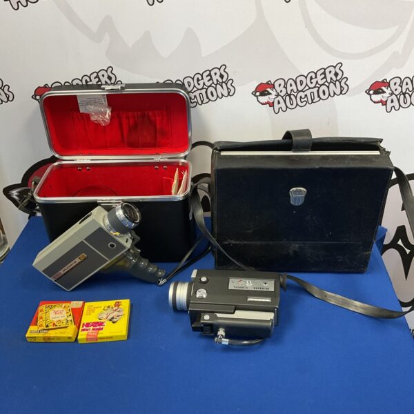 Vintage case containing two 8mm cine cameras, Yashica and Eumig.