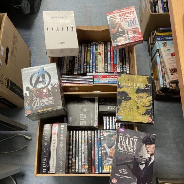 DVD box sets featuring James Bond and Avengers films for collectors.