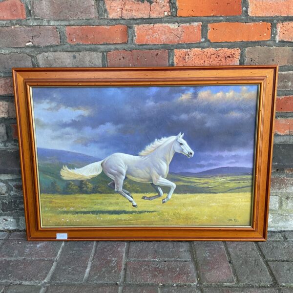 Signed white horse oil painting from 1994, vibrant landscape.