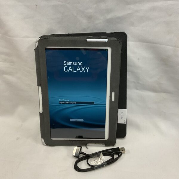 Front view of a black Samsung Galaxy tablet computer.