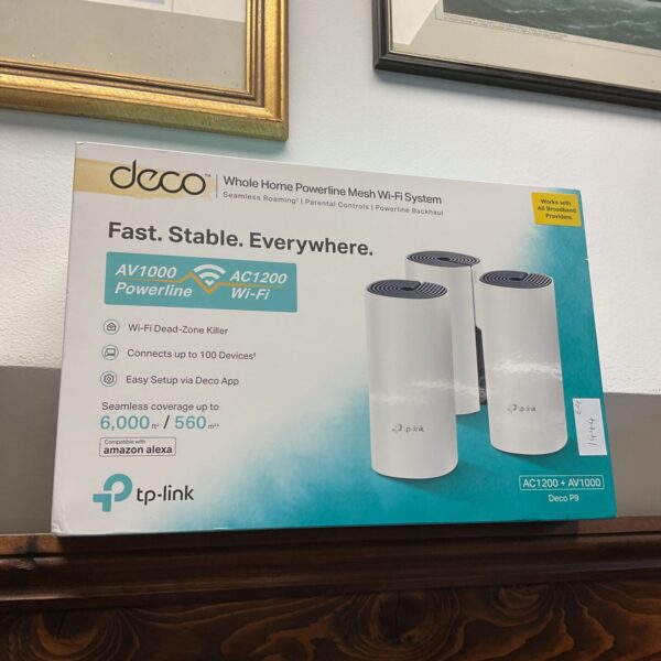 TP-Link Deco P9 powerline WiFi system packaging and contents.