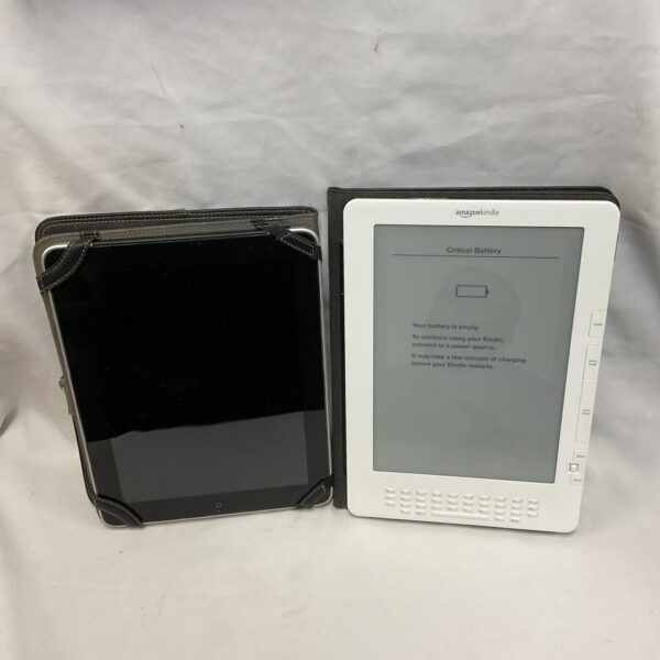 Front view of a used Amazon Kindle tablet with a black cover.
