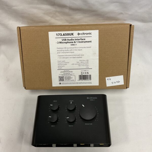 Front view of Citronic USB audio interface with two inputs.
