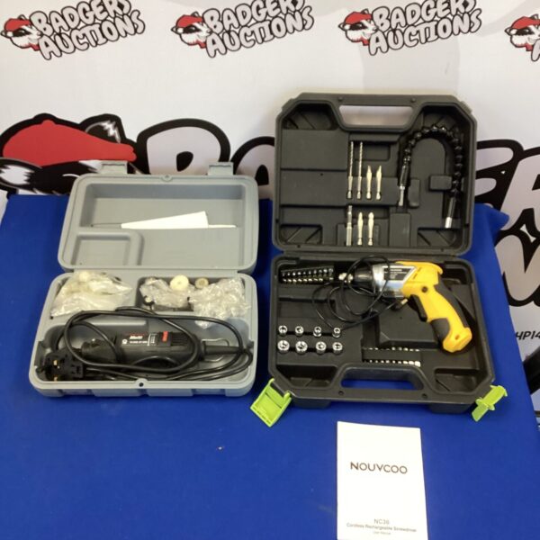 Open carrying case displaying a Dremel and Kouvcoo drill set with accessories.