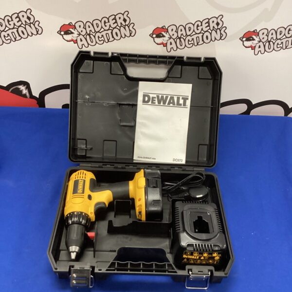 DeWalt DC970 cordless battery drill in open case.