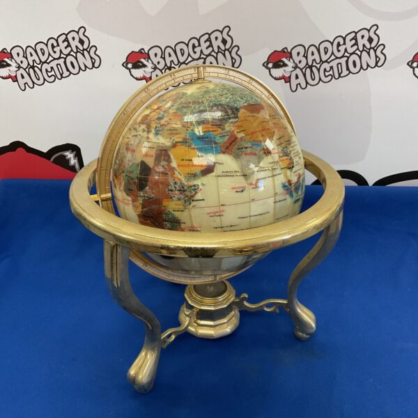 Vintage semi precious stone globe on brass stand