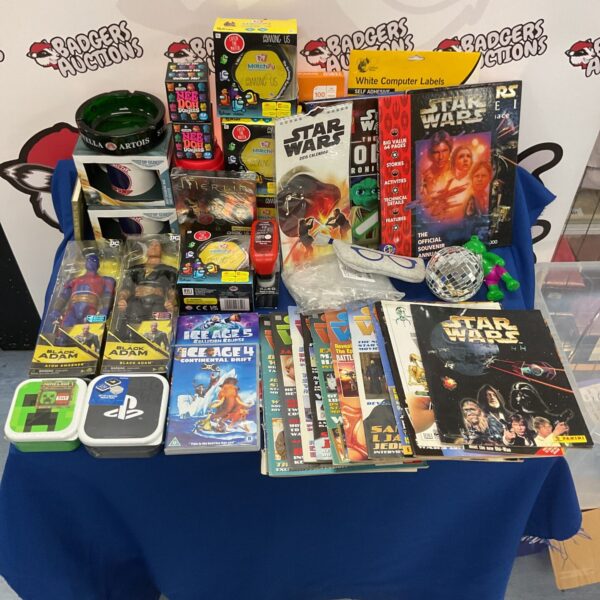 Box of mixed new/ boxed kids toys inc action figures and star wars magazines