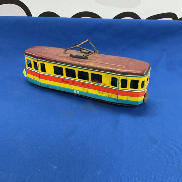 Vintage Emu 68 tinplate tram, colourful and detailed.