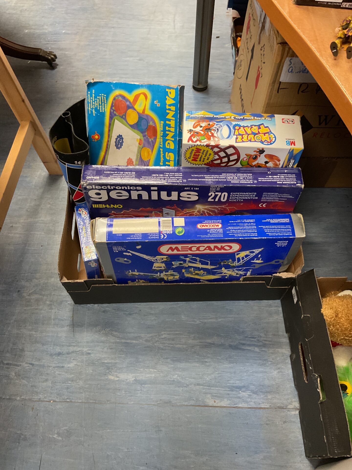 423 Crate of mixed board games inc meccano set