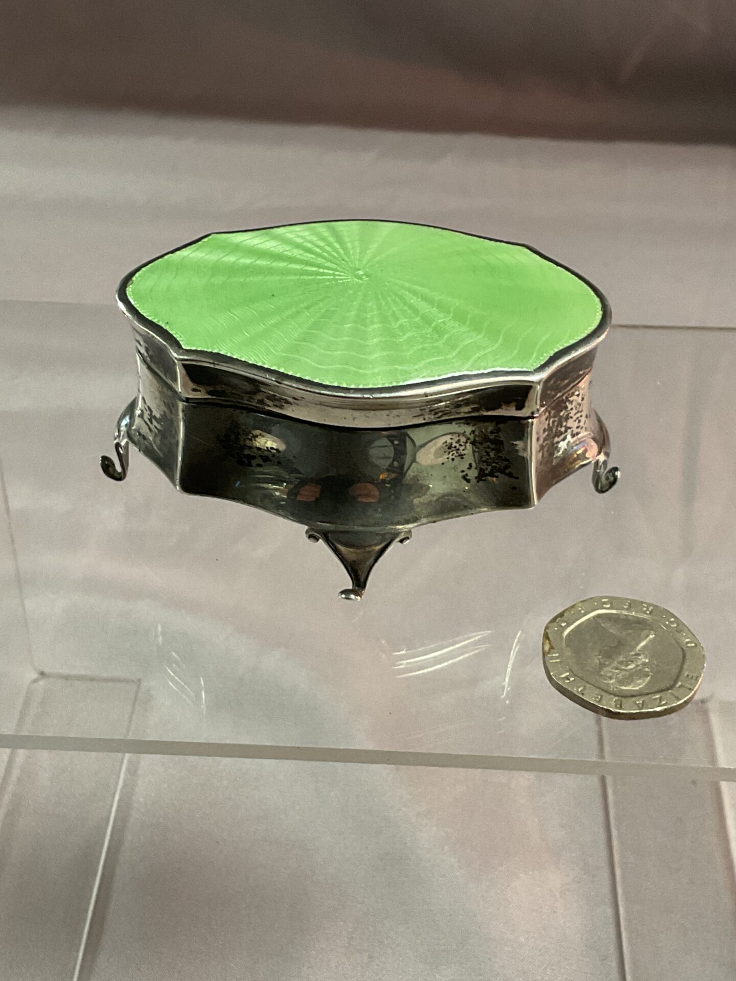 870 Art Deco hallmarked silver Guilloche enamel trinket pot 51.2g gross
