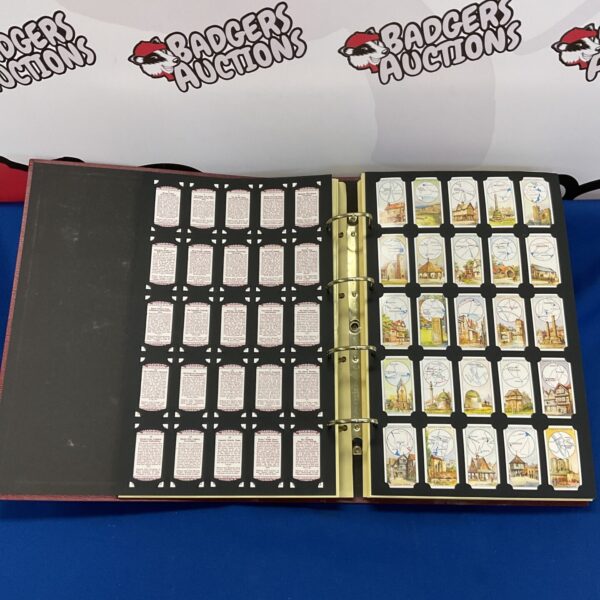 Vintage cigarette card album with sets of cards visible.