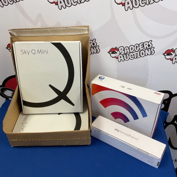Sky Q Mini receiver and broadband hub in a cardboard box.