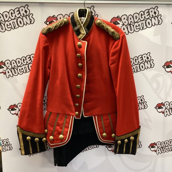 Vintage Black Watch officer’s red dress uniform with black braiding.