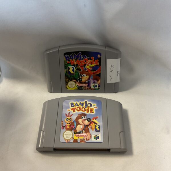 Banjo Kazooie and Banjo Tooie N64 game cartridges for Nintendo 64.