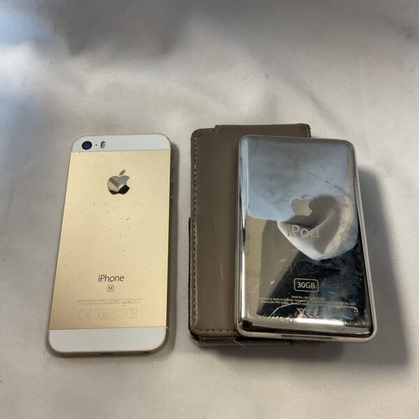 Apple iPhone SE and 30GB iPod Classic presented as a lot.