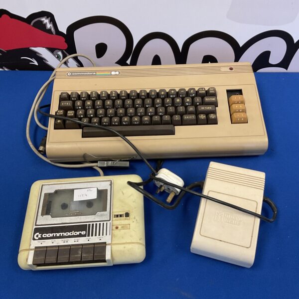 Front view of a vintage Commodore 64 computer.