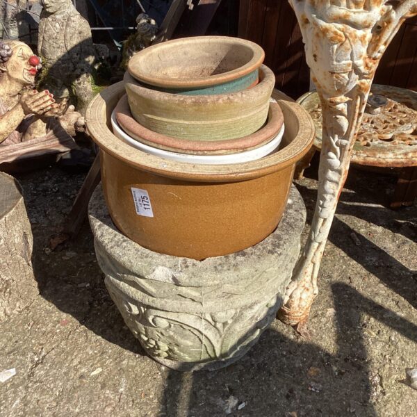 Collection of vintage terracotta and stoneware garden pots.
