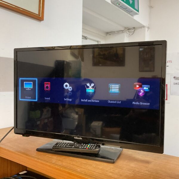 Front view of a Toshiba 24 inch LCD HD TV with DVD player.