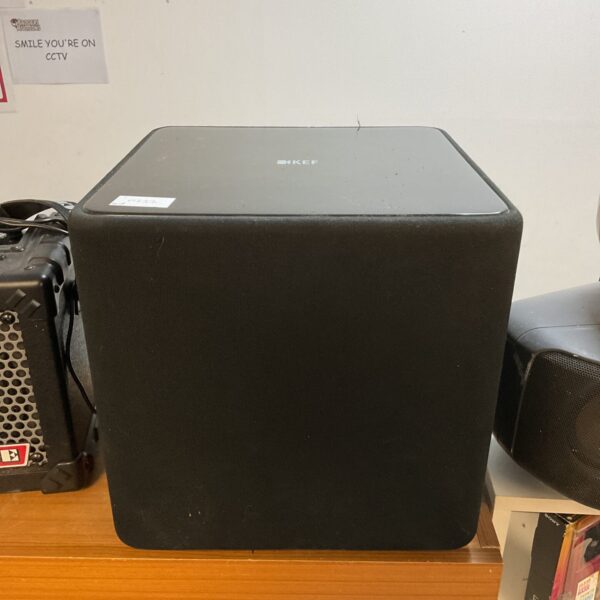 Black Kef cube subwoofer for home audio systems.
