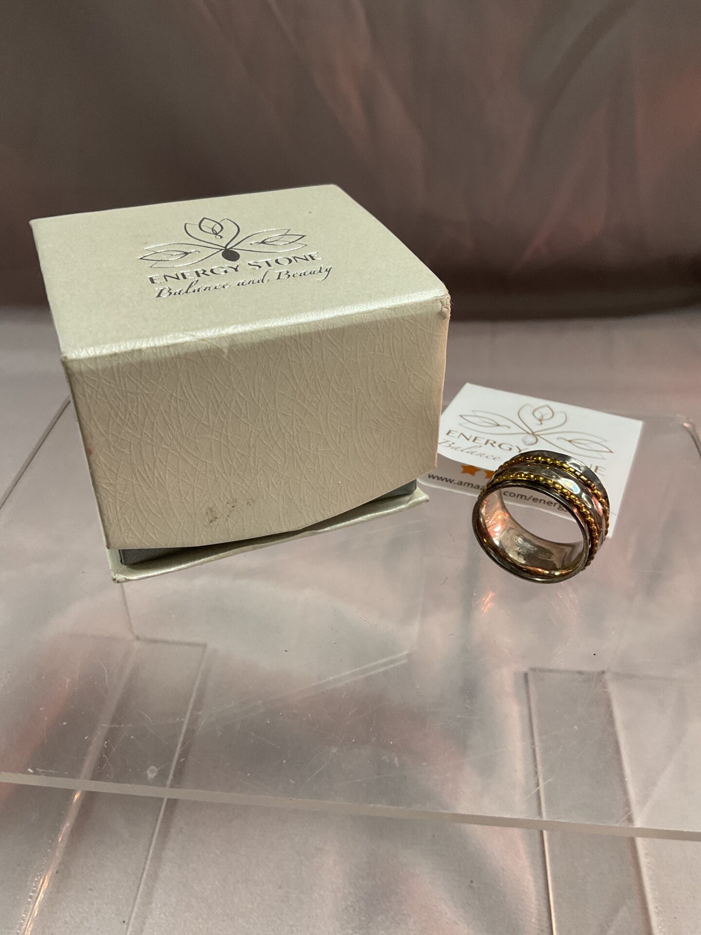 890 Energy stone balance and beauty with three spinners silver ring size n