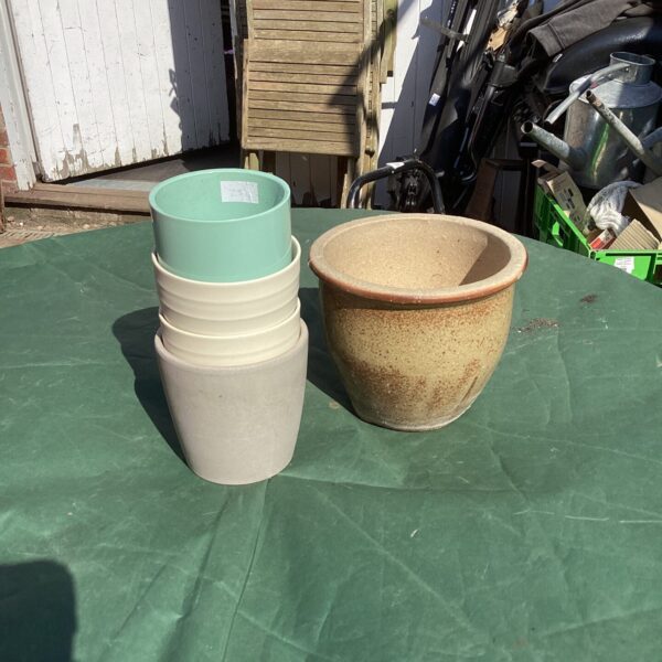 Lot of three vintage ceramic garden pots for plants.