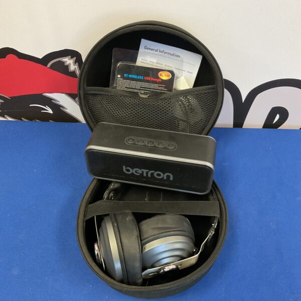 Betron Bluetooth speaker and headphones set in a case.