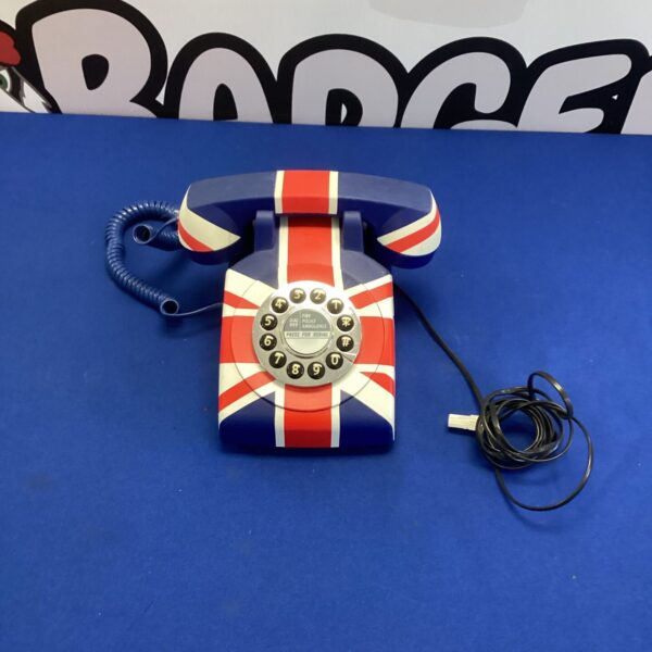 Vintage Union Jack rotary telephone, a striking British collectible.
