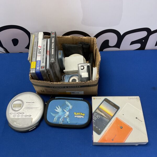 Mixed lot of vintage cameras, games, and a Nokia Lumia phone.